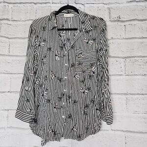 Grand & Greene Womens Black White Dragonfly Print Button Down Shirt Large Blouse
